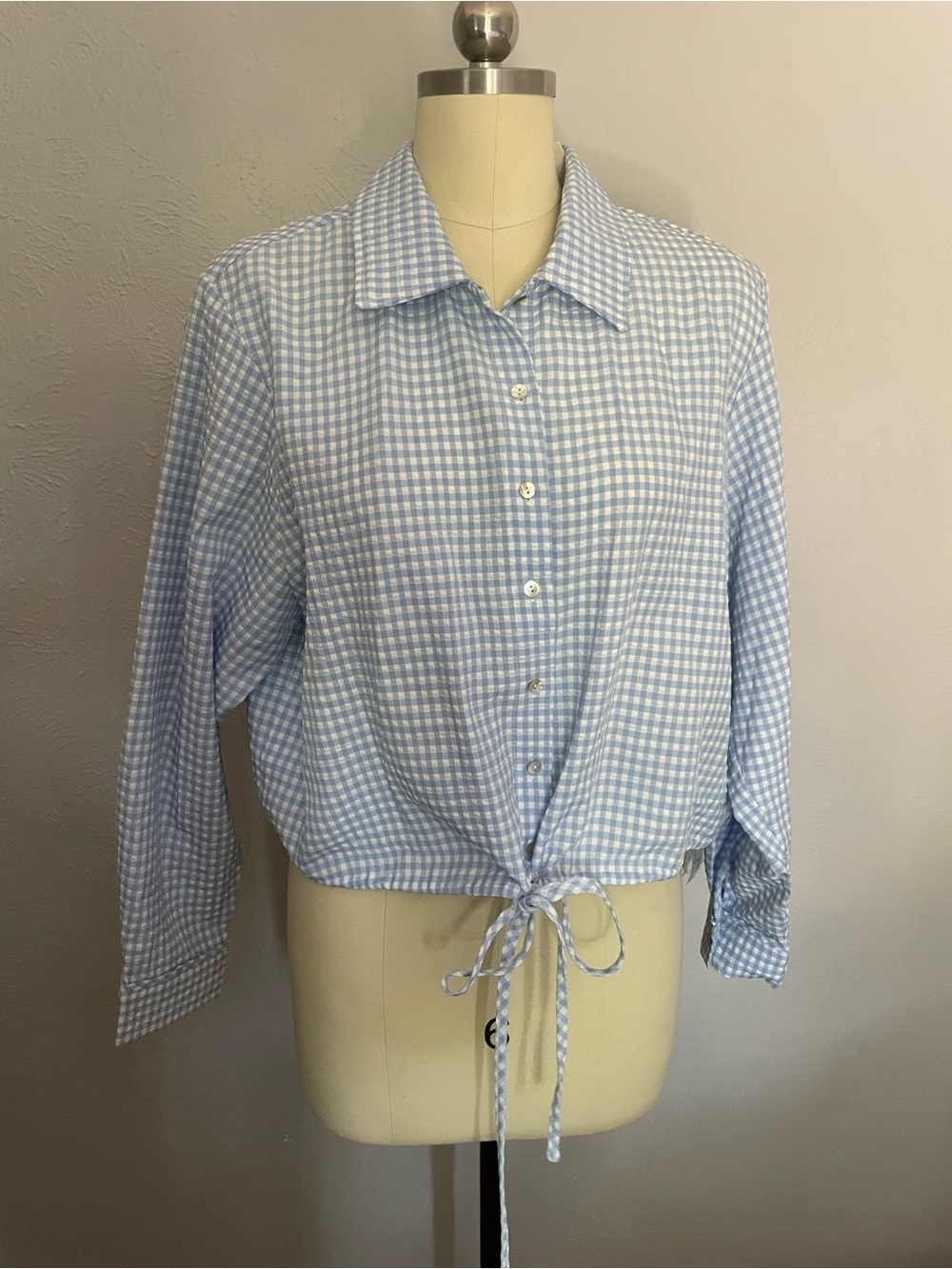 Light Blue Gingham Tie-Waist Button Down Shirt
